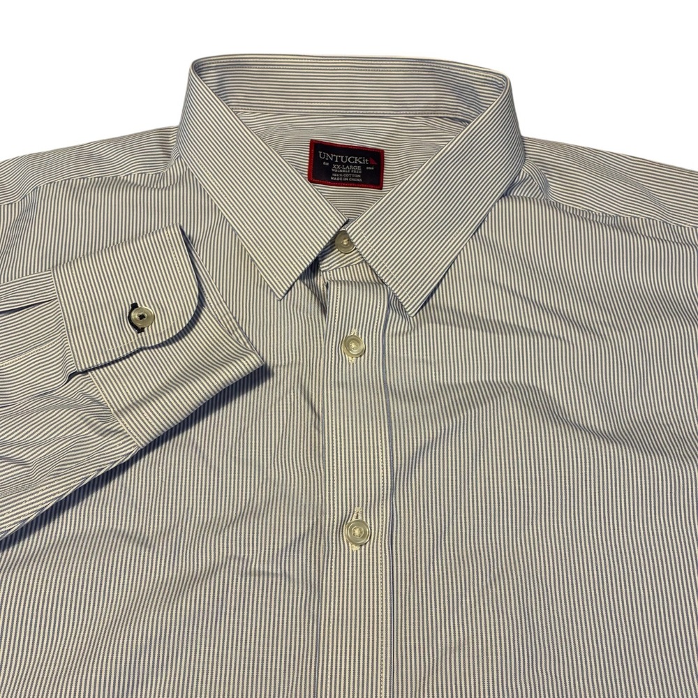 UNTUCKit Mens XX-Large Blue White Striped Wrinkle Free Cotton Button Down Shirt